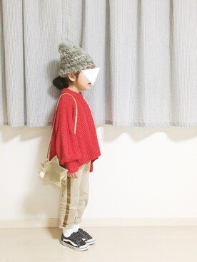 「petit main（プティマイン）のアイテム（チノパンツ）」を使った、riiさん（キッズ・120cm）の冬コーディネート