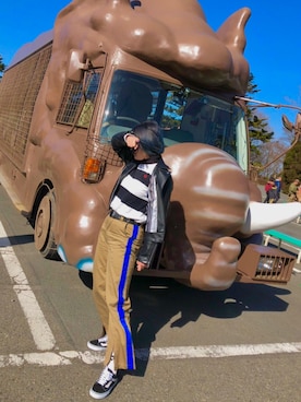「HUF」｜「アイテム（ライダースジャケット）」を使った、R!NAさん（レディース・166cm）の春コーディネート