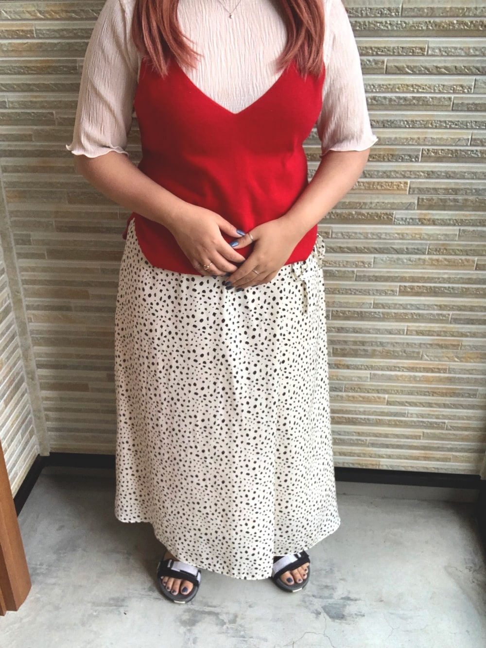「ootd、プチプラ、ロングスカート、UNIQLO、いいね、save、フォローお願いします🤑、キレイめ」｜「LOWRYS FARMのアイテム（その他トップス、レッド系）」を使った、あじさん（レディース・153cm）の夏コーディネートの1枚目の写真
