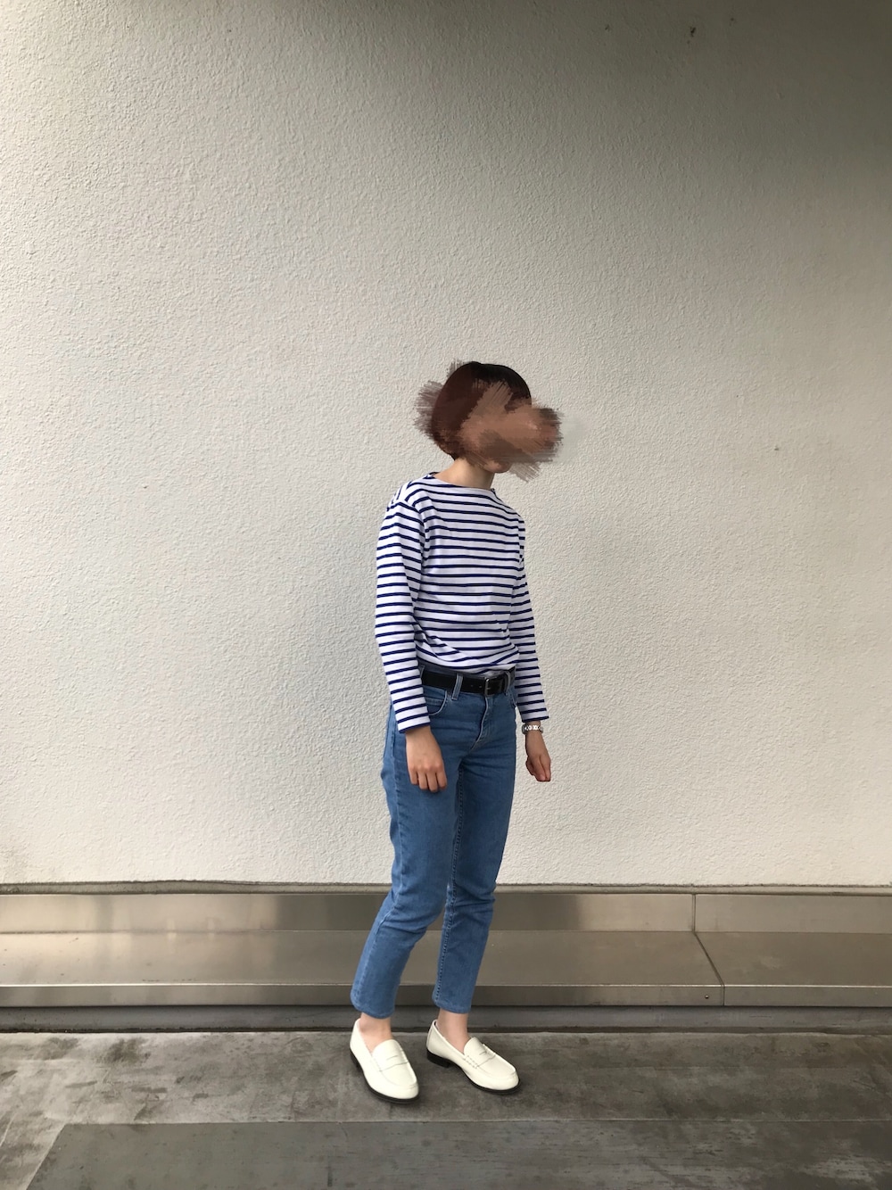 「SAINTJAMES、セントジェームス、ボーダー、Levi's、デニム、HARUTA、ハルタ、ローファー」｜「Levi'sの【ViVi 7月号掲載】721 VINTAGE ASIA SKINNY WATERMARK（デニムパンツ、ブルー系）」を使った、チさん（レディース・153cm）の春コーディネートの1枚目の写真