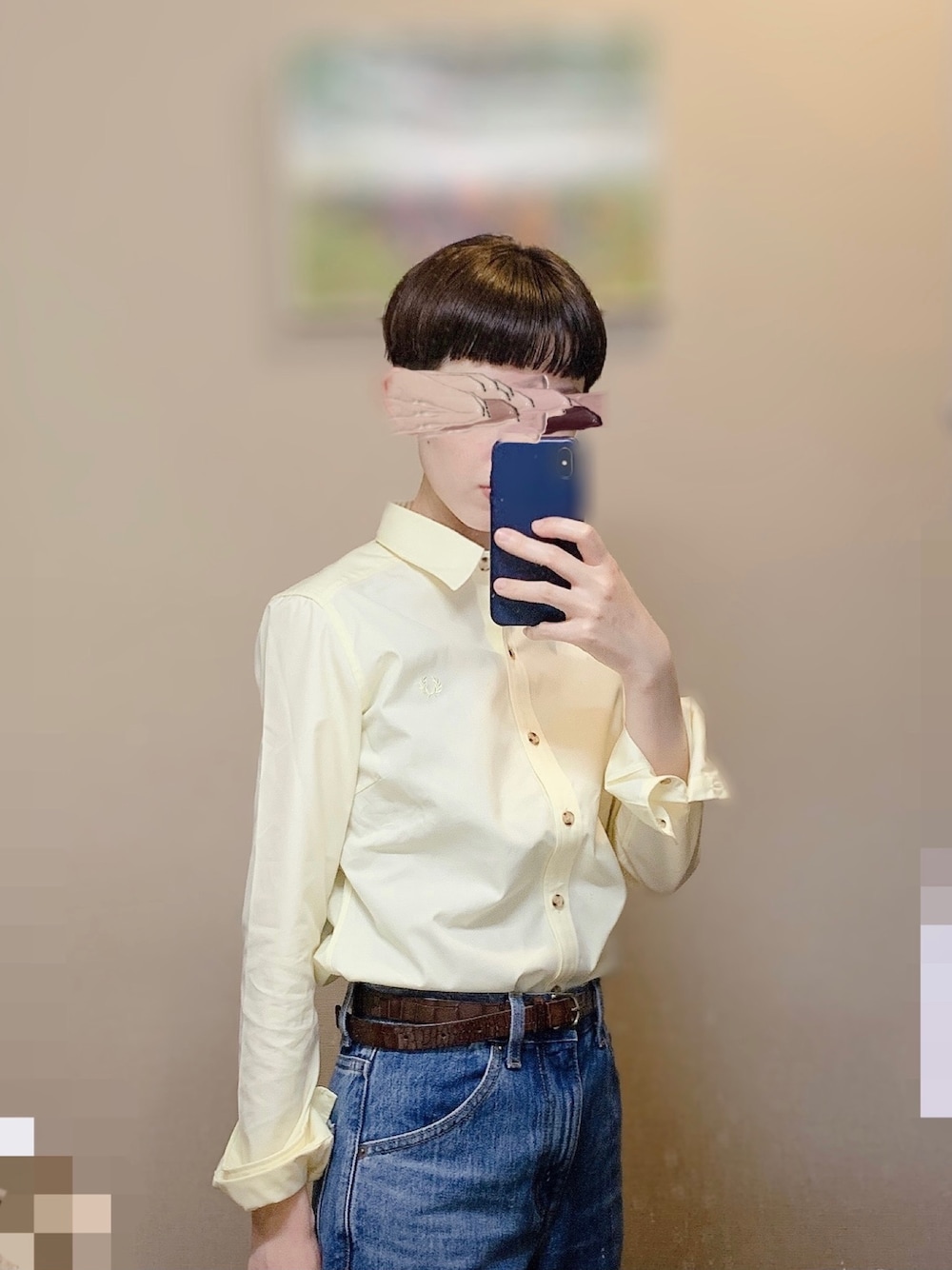 「FRED PERRY、フレッドペリー、シャツ、イエローシャツ、UNIQLO、ユニクロ、デニム、ハイライズストレートジーンズ、ブルーデニム」｜「FRED PERRYのWoven Shirt（シャツ/ブラウス、イエロー系）」を使った、チさん（レディース・153cm）の夏コーディネートの1枚目の写真