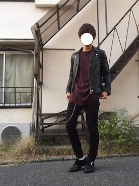 「handmade」｜「アイテム（ライダースジャケット）」を使った、りょーさん（メンズ・166cm）の秋コーディネート