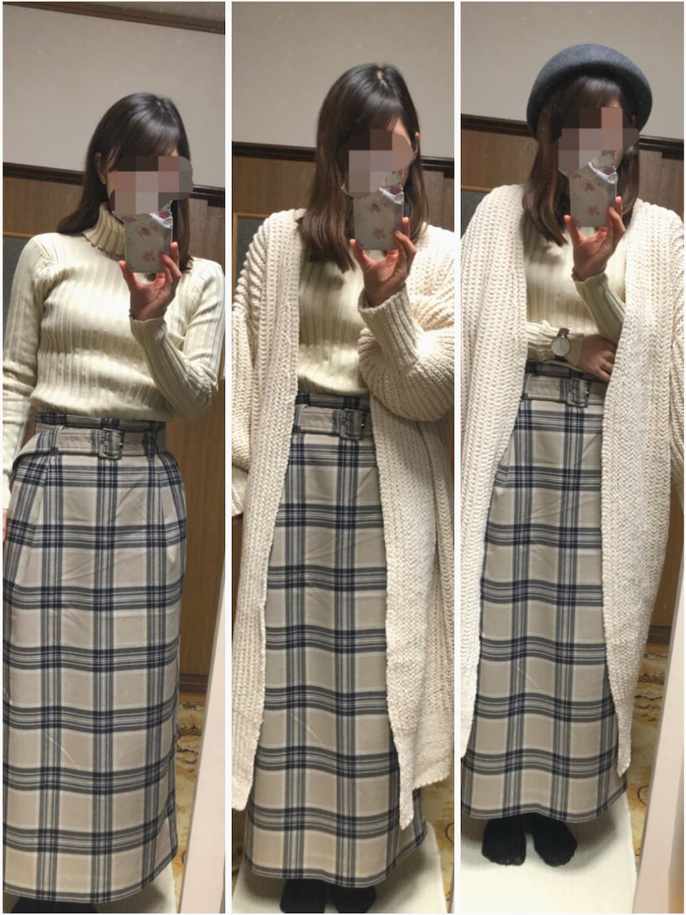 ベージュ系のスカート、ホワイト系のカーディガン/ボレロ、ベージュ系のニット/セーターを着用したレディースの冬コーディネートの1枚目の写真