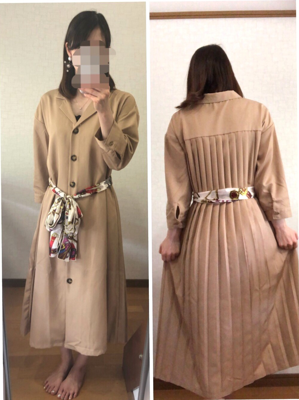 ベージュ系のシャツワンピース、ブラック系のキャミソールを着用したレディースの春コーディネートの1枚目の写真