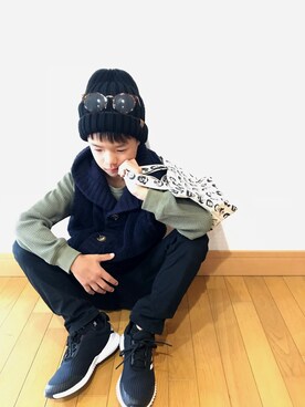 「DAISO（DAISO）のアイテム（ニットキャップ/ビーニー、ブラック系）」を使った、⁂sebu⁂さん（キッズ・140cm）の秋コーディネート
