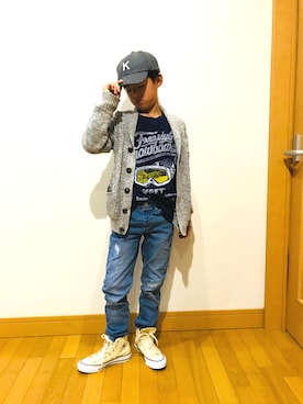 「DAISO（DAISO）のアイテム（キャップ、グレー系）」を使った、⁂sebu⁂さん（キッズ・140cm）の秋コーディネート
