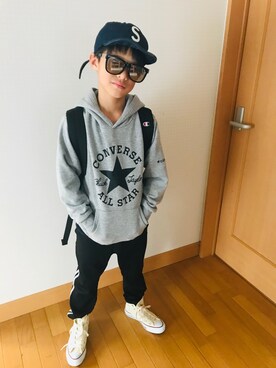 「Champion（チャンピオン）のアイテム（バックパック/リュック、ブラック系）」を使った、⁂sebu⁂さん（キッズ・140cm）の秋コーディネート