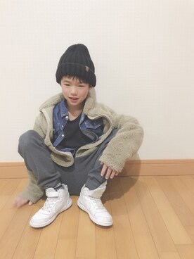 「DAISO（DAISO）のアイテム（ニットキャップ/ビーニー、ブラック系）」を使った、⁂sebu⁂さん（キッズ・140cm）の冬コーディネート