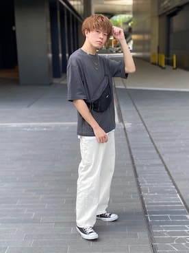 「flaner（フラネ）のペインターデニムパンツ【ユニセックス】（デニムパンツ）」を使った、junさん（メンズ・171cm）の春コーディネート