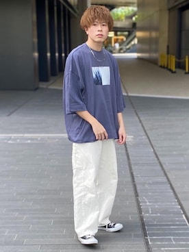 「flaner（フラネ）のペインターデニムパンツ【ユニセックス】（デニムパンツ）」を使った、junさん（メンズ・171cm）の春コーディネート