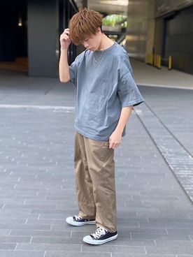 「flaner（フラネ）のペインターデニムパンツ【ユニセックス】（デニムパンツ）」を使った、junさん（メンズ・171cm）の春コーディネート