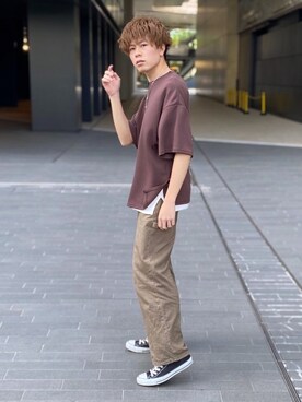 「flaner（フラネ）のペインターデニムパンツ【ユニセックス】（デニムパンツ）」を使った、junさん（メンズ・171cm）の春コーディネート