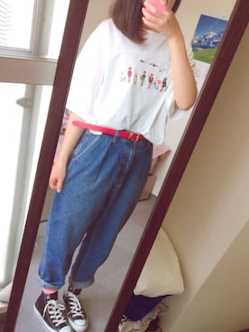 「GU（ジーユー）のアイテム（デニムパンツ、ブルー系）」を使った、カツラさんさん（レディース・157cm）の夏コーディネート