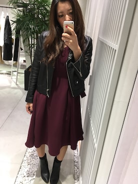 「バーガンディー」｜「アイテム（ライダースジャケット）」を使った、unitedtokyochika_mさん（レディース・158cm）の秋コーディネート
