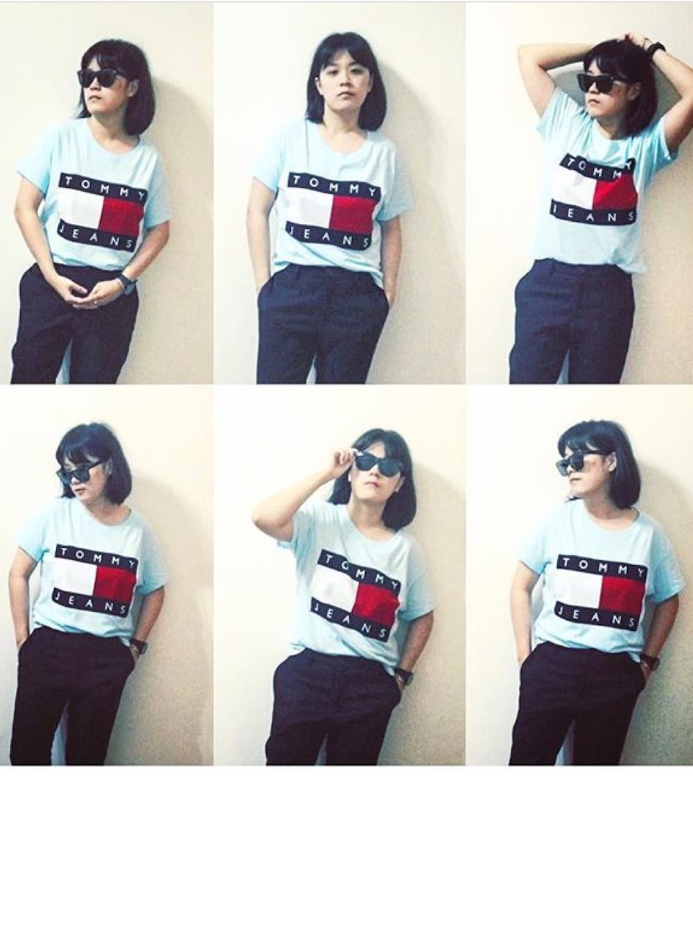 「TOMMY JEANS、UNIQLO、summer、girl、headporterplus、ray ban、fashion、swag、outfit、lookbook」｜「tommy jeansのアイテム（Tシャツ/カットソー、ブルー系）」を使った、C.V.さん（レディース・165cm）の秋コーディネートの1枚目の写真