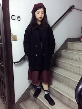 「アイテム（デニムスカート、レッド系）」を使った、Woodyさん（レディース・155cm）の冬コーディネート