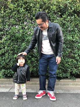 「親子でおそろい」｜「アイテム（ライダースジャケット）」を使った、gunken5さん（メンズ・171cm）の冬コーディネート