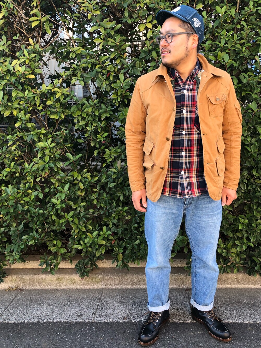 「ZOZO、zozoデニム、zozoheat、ハンティングジャケット、ネルシャツ、キャップ、ドゥニーム、Denime、レッドウィング、アメカジ」｜「manabooのアイテム（帽子、ブルー系）」を使った、gunken5さん（メンズ・171cm）の冬コーディネートの1枚目の写真