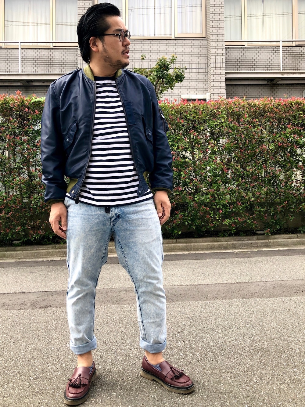 「秋服準備はじめました、秋コーデ、MA-1、ミリタリー、デニム、ボーダー、ローファー、タッセルローファー、ノースフェイス、ネイビー」｜「ZOZOの細ボーダー長袖Tシャツ[MEN]（Tシャツ/カットソー、ホワイト系）」を使った、gunken5さん（メンズ・171cm）の秋コーディネートの1枚目の写真