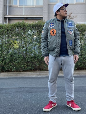 「ワッフル」｜「アイテム（MA-1）」を使った、gunken5さん（メンズ・171cm）の冬コーディネート