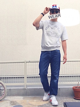 「メッシュキャップ」｜「アイテム（スウェット）」を使った、ノッティーさん（メンズ・179cm）の夏コーディネート