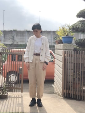 「ケーブルカーディガン」｜「アイテム（その他シューズ）」を使った、NANAEさん（レディース・155cm）の秋コーディネート