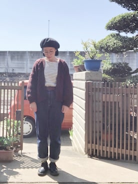 「ケーブルカーディガン」｜「アイテム（その他シューズ）」を使った、NANAEさん（レディース・155cm）の春コーディネート