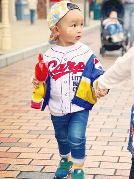 「Champion（チャンピオン）のアイテム（ナイロンジャケット）」を使った、rinusさん（キッズ・90cm）の春コーディネート