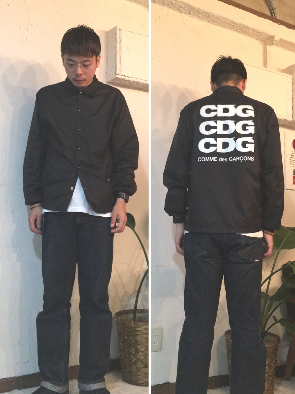 「CDG、STABILIZER GNZ、CASIO、コーチジャケット、ﾏﾙﾒｶﾞﾈ、ヘインズ」｜「COMME des GARCONSのアイテム（ナイロンジャケット、ブラック系）」を使った、junya_mochizukiさん（メンズ・177cm）の冬コーディネートの1枚目の写真