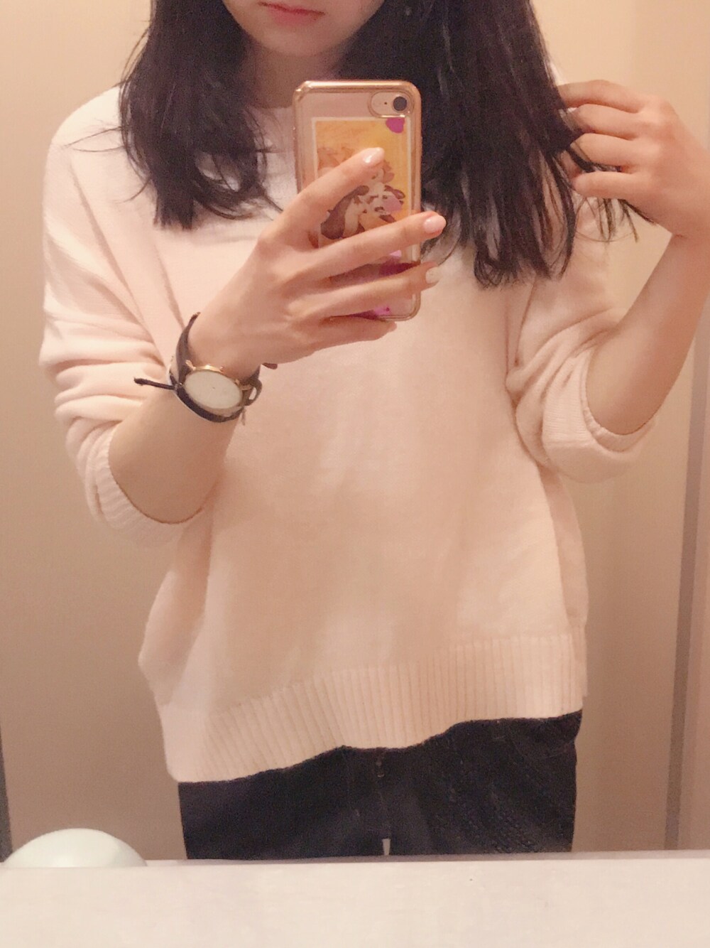 「ROPE' PICNICのルーズシルエットニットＴＯＰＳ（ニット/セーター、ピンク系）」を使った、Hさん（レディース・163cm）の春コーディネートの1枚目の写真