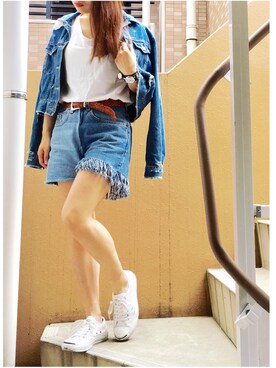「ブルー x ホワイト」｜「アイテム（デニムジャケット）」を使った、akiさん（レディース・153cm）の夏コーディネート
