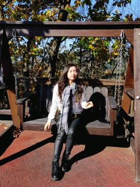 「淘寶のアイテム（ブーツ、ブラック系）」を使った、angelさん（レディース）の秋コーディネート