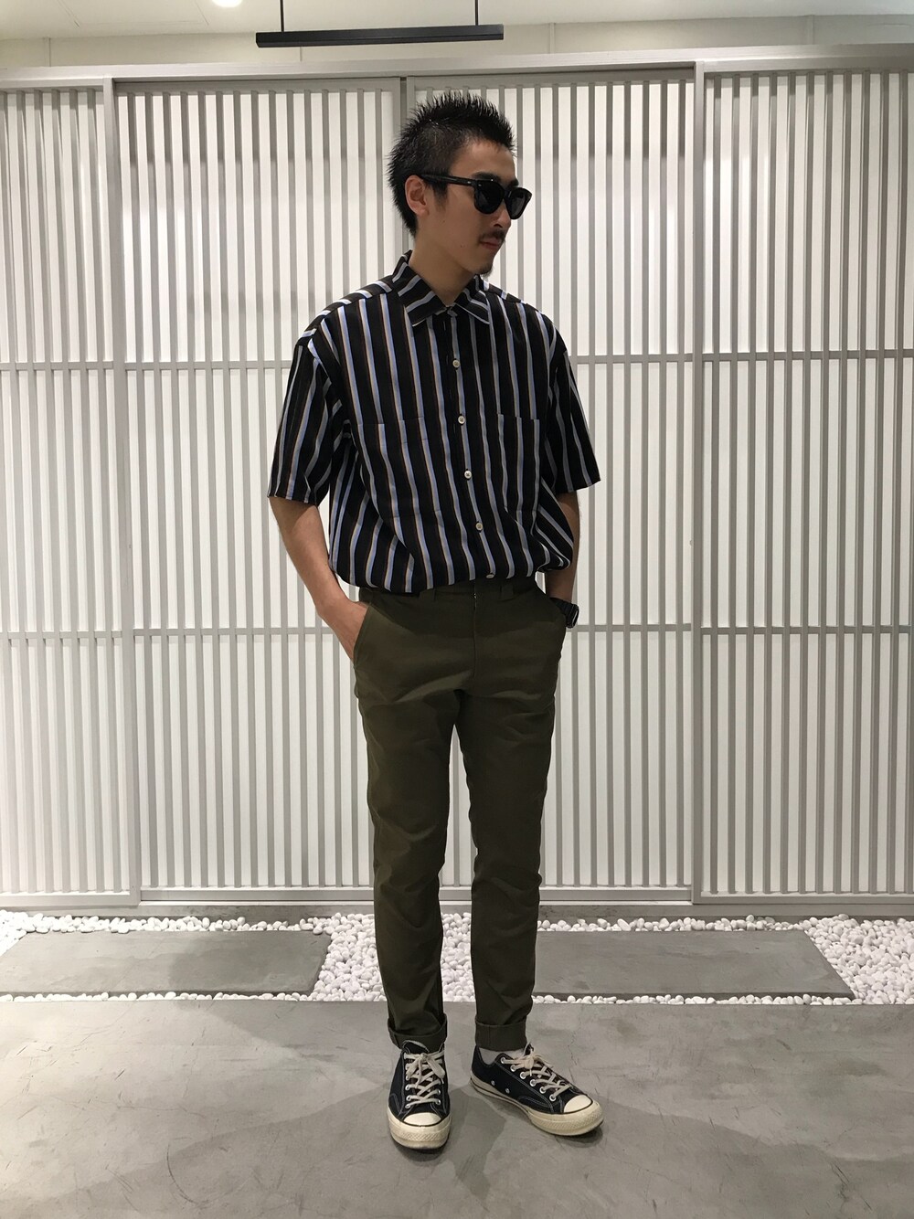 Yusukeさんの「マルチストライプワンピースカラーシャツ（UNITED TOKYO）」を使ったコーディネート