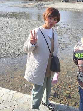 「GU（ジーユー）のアイテム（ノーカラージャケット）」を使った、Yurika Sanoさん（レディース・163cm）の冬コーディネート