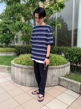「MHL.（エムエイチエル）のアイテム（ビーチサンダル）」を使った、daiki haradaさん（メンズ・172cm）の夏コーディネート
