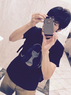 「no brand（ノーブランド）のアイテム（Tシャツ/カットソー、ブラック系）」を使った、ｼﾞｮｾﾌ🦄ももかーまん✅さん（メンズ・180cm）の夏コーディネート