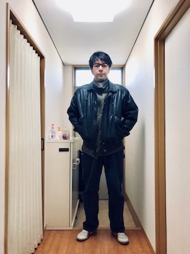 「carhartt」｜「アイテム（ライダースジャケット）」を使った、ｼﾞｮｾﾌ🦄ももかーまん✅さん（メンズ・180cm）の冬コーディネート