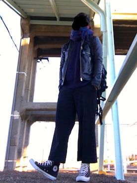 「AZUL by moussy（アズールバイマウジー）のアイテム（ライダースジャケット）」を使った、馬之助さん（メンズ・168cm）の冬コーディネート