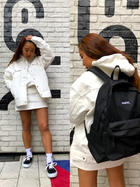 「オールホワイト」｜「アイテム（ブルゾン）」を使った、YO-NEさん（レディース・154cm）の春コーディネート