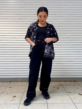 「X-girl（エックスガール）のWIDE TAPERED PANTS（その他パンツ）」を使った、YO-NEさん（レディース・154cm）の春コーディネート