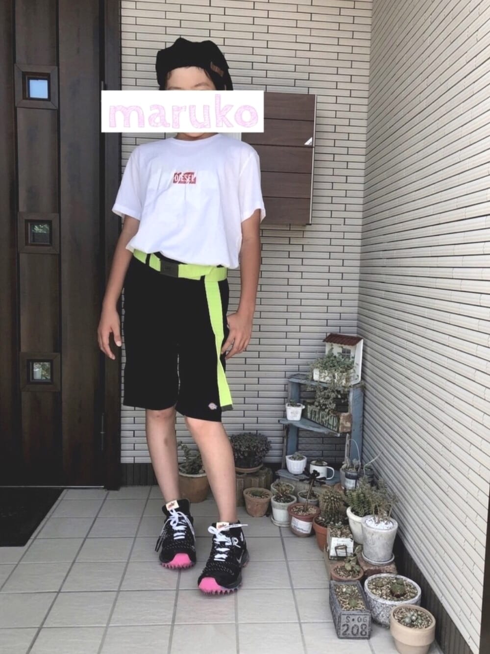 「NIKE、OFF-WHITE、オフホワイト、ディーゼル、男の子コーデ、息子コーデ、夏コーデ、ベレー帽」｜「NIKEのWEGO/NIKE スポーツウェアベルト（ベルト、イエロー系）」を使った、かいちのままさん（キッズ・144cm）の夏コーディネートの1枚目の写真