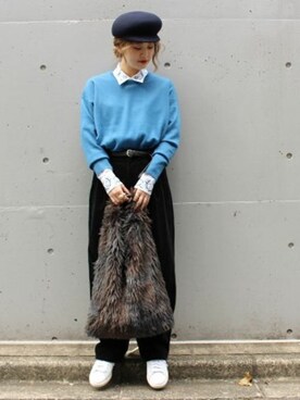 「アイテム（キャスケット、ブルー系）」を使った、asanoさん（レディース・158cm）の秋コーディネート