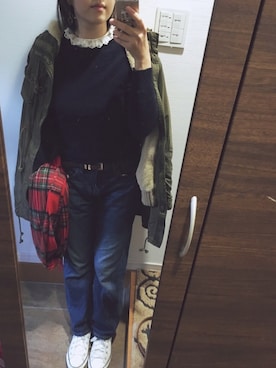「ボーイフレンドデニム」｜「アイテム（モッズコート）」を使った、blue blueさん（レディース・157cm）の冬コーディネート
