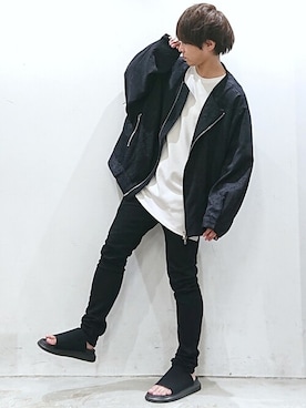 「CASPER JOHN（キャスパージョン）のアイテム（ライダースジャケット）」を使った、miyagi さん（メンズ・161cm）の夏コーディネート