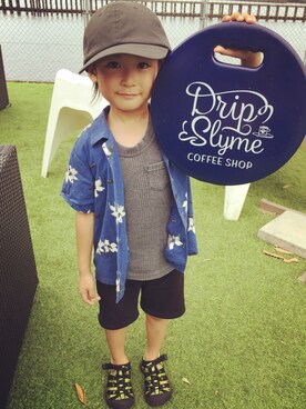 「FORK&SPOON（フォークアンドスプーン）のアイテム（帽子）」を使った、三兄弟さん（キッズ・110cm）の夏コーディネート