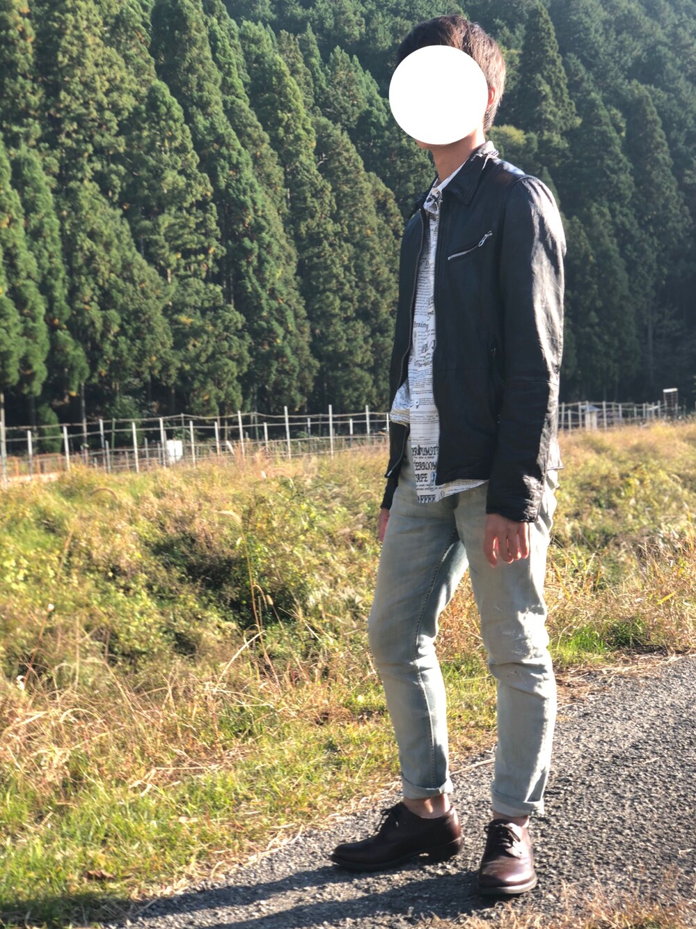 「京都、scotch&soda、レザージャケット」｜「SCOTCH & SODAのアイテム（ライダースジャケット、ブラック系）」を使った、Heikeさん（メンズ・165cm）の秋コーディネートの1枚目の写真