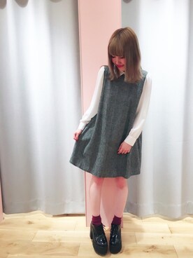 袖配色衿付グレンチェックａラインワンピースを使った人気ファッションコーディネート Wear