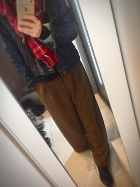 「赤チェック」｜「アイテム（デニムジャケット）」を使った、chiviさん（レディース・143cm）の秋コーディネート
