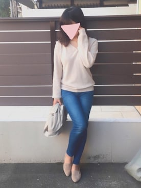 「Vネック」｜「アイテム（ピーコート）」を使った、おぎこさん（レディース・158cm）の春コーディネート