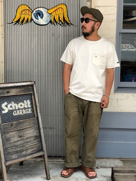 「schott（ショット）のSchott/ショット/ARMY FATIGUE PANTS/アーミー ファティーグ パンツ（その他パンツ）」を使った、omata takayaさん（メンズ・172cm）の夏コーディネート